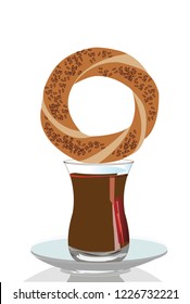 türk simit vektör. turkish sesame bread ring. round turkish bagels. bagel and tea cup. bagel and tea cup on white background