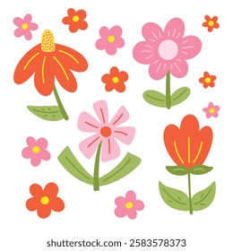 Simle hand drawn flat spring flowers set. Red and pink cute flower digital drawing.