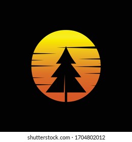 simle pine tree with sunset vector logo