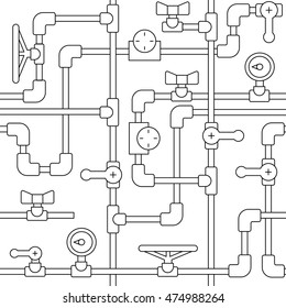 Simles background Pattern consisting of metal or plastic pipes with valves, pressure gauges, plugs, pumps, painted in a flat, outline, linear style