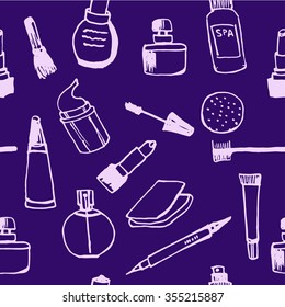 simless background pattern set Collection of women's cosmetics contour doodle vector illustration on a violet background