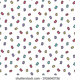 Simless pattern with festive colorful confetti. It can be used for packaging, wrapping paper, decor etc. Vector illustration on a white background. 