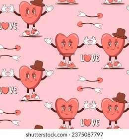 Simless pattern Groovy lovely cartoon characters Heart and elements. Retro Happy Valentines Day. Trendy retro 60s 70s style. Red, pink colors. Vector art