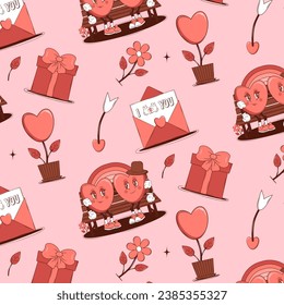 Simless pattern Groovy lovely cartoon characters Heart and elements. Retro Happy Valentines Day. Trendy retro 60s 70s style. Red, pink colors. Vector art