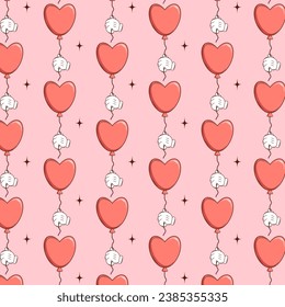 Simless pattern Groovy lovely cartoon characters Heart and elements. Retro Happy Valentines Day. Trendy retro 60s 70s style. Red, pink colors. Vector art