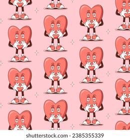 Simless pattern Groovy lovely cartoon characters Heart and elements. Retro Happy Valentines Day. Trendy retro 60s 70s style. Red, pink colors. Vector art