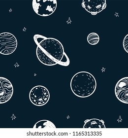 Simless pattern with planets in space. Vector illustration.