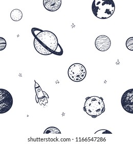 Simless pattern with planets in space. Vector illustration.