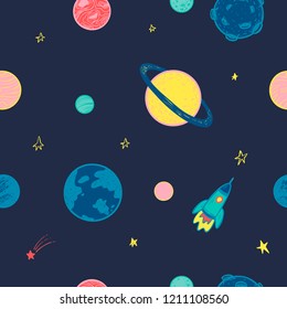 Simless pattern with planets in space. Vector illustration.
