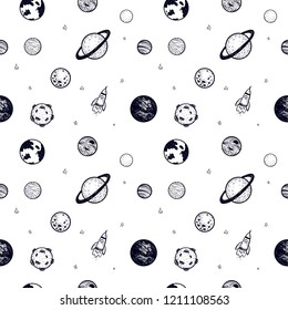 Simless pattern with planets in space. Vector illustration.