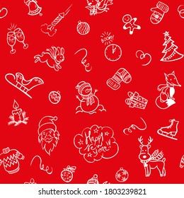 Simless pattern red and white with hand drawn Christmas elements for packaging
