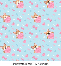 Simless pattern smiling cute welsh corgi dog with a pink heart and favorite bones. Vector illustration of a corgi head isolated on a pink heart background.