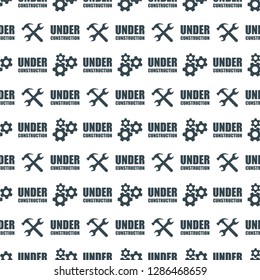 Simless pattern with warning sign under construction. Conceptual image of tools for repair, construction and builder. Cartoon flat illustration. Objects isolated on a background.