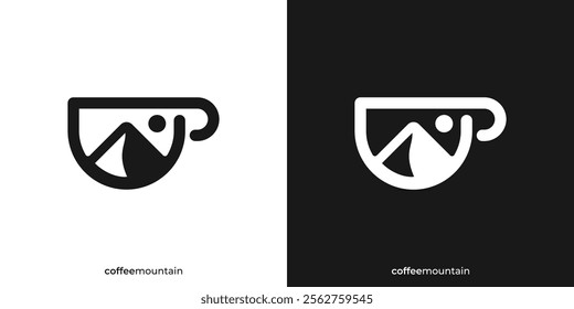 Simlpe Coffee Mountain Logo. Mug Cup Coffee and Mountain Hill Peak Summit Icon Graphic. Coffee Nature Logo Design Template.