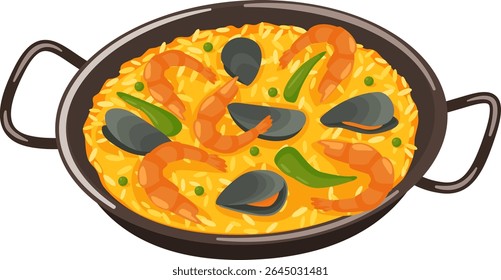 Simmering in a traditional paella pan, the vibrant dish features fresh seafood, including shrimp and mussels, combined with rice and colorful vegetables, embodying Spanish culinary culture