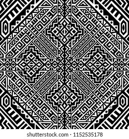 Simmetric seamless pattern in ethnic style. Tribal geometric ornament, perfect for textile design, site background, wrapping paper and other endless fill. Trendy boho tile.