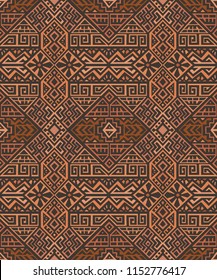 Simmetric seamless pattern in ethnic style. Tribal geometric ornament, perfect for textile design, site background, wrapping paper and other endless fill. Trendy boho tile.