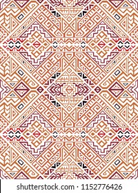 Simmetric seamless pattern in ethnic style. Tribal geometric ornament, perfect for textile design, site background, wrapping paper and other endless fill. Trendy boho tile.