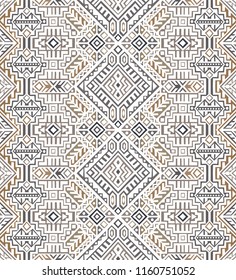 Simmetric seamless pattern in ethnic style. Tribal geometric ornament, perfect for textile design, site background, wrapping paper and other endless fill. Trendy boho tile.