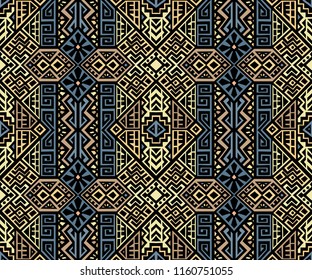 Simmetric seamless pattern in ethnic style. Tribal geometric ornament, perfect for textile design, site background, wrapping paper and other endless fill. Trendy boho tile.