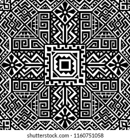 Simmetric seamless pattern in ethnic style. Tribal geometric ornament, perfect for textile design, site background, wrapping paper and other endless fill. Trendy boho tile.