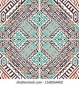 Simmetric seamless pattern in ethnic style. Tribal geometric ornament, perfect for textile design, site background, wrapping paper and other endless fill. Trendy boho tile.