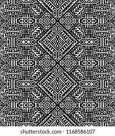 Simmetric seamless pattern in ethnic style. Tribal geometric ornament, perfect for textile design, site background, wrapping paper and other endless fill. Trendy boho tile.
