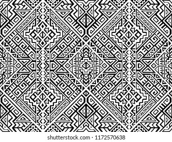 Simmetric seamless pattern in ethnic style. Tribal geometric ornament, perfect for textile design, site background, wrapping paper and other endless fill. Trendy boho tile.