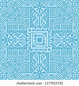 Simmetric seamless pattern in ethnic style. Tribal geometric ornament, perfect for textile design, site background, wrapping paper and other endless fill. Trendy boho tile.