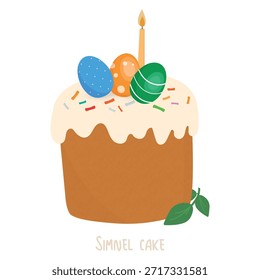 Pastel de Simnel con vela y huevos pintados Ilustración tradicional de Pascua. adecuado para celebraciones religiosas, tarjetas de felicitación, invitaciones, empaques de panadería.