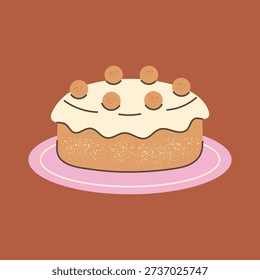 Simnel Cake Icon. Decorative British spring dessert with marzipan balls, illustrated in cute flat style with soft textures and warm bakery mood.