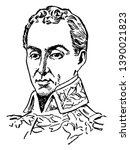 Simon Bolivar, 1783-1830, he was a military and political leader who played a leading role in the establishment of Venezuela, Bolivia, Colombia, Ecuador, Peru and Panama, vintage line drawing