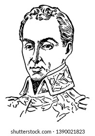 Simon Bolivar, 1783-1830, he was a military and political leader who played a leading role in the establishment of Venezuela, Bolivia, Colombia, Ecuador, Peru and Panama, vintage line drawing