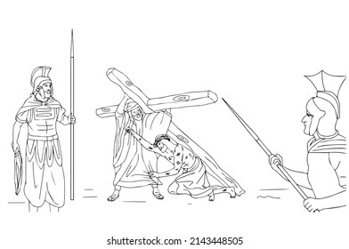 Simón está ayudando a Jesús a llevar la cruz, vector.