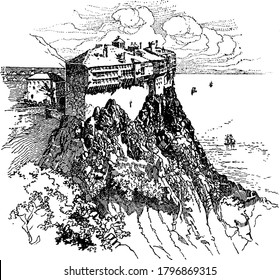 Simonopetra Monastery an ancient monastery at mount Athos, Greece, vintage line drawing or engraving illustration.