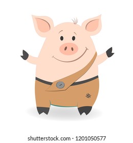 Simpe cartoon pig with the smilling face, which wants hugs. Vector illustration isolated on a white background.