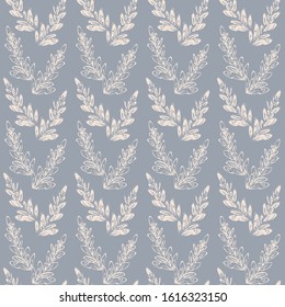 Simpe hand drawn leaves seamless vector pattern. Hand drawn leaf branches arranged in V shape on dusty blue background.