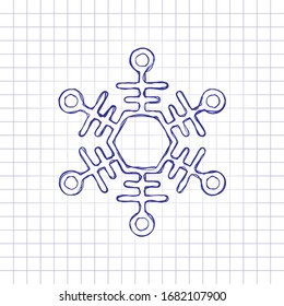 Simpe forma de copo de nieve, diseño de contorno. Imagen dibujada a mano en papel. Tinta azul, estilo de esbozo. Doodle sobre fondo a cuadros