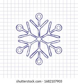 Simpe shape of snowflake, outline design. Hand drawn picture on paper sheet. Blue ink, outline sketch style. Doodle on checkered background