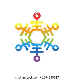 Simpe shape of snowflake, outline design. Drawing sign with LGBT style, seven colors of rainbow (red, orange, yellow, green, blue, indigo, violet