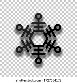 Forma impar de copo de nieve, diseño de contorno. Icono de cristal negro con sombra suave sobre fondo transparente