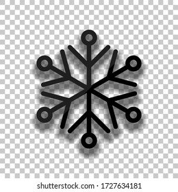 Forma impar de copo de nieve, diseño de contorno. Icono de cristal negro con sombra suave sobre fondo transparente