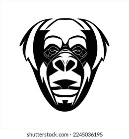 Simpe vector Ape icon. Flat cartoon style. A black and white monkey face with a big smile on it's face, with a black and white background