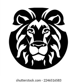 Simpe vector Lion icon. Flat cartoon style. A lion's head in a circle with a black and white background, with the word lion in the middle