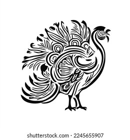 Simpe vector Turkey icon. Flat cartoon style. A black and white peacock with feathers on it's back legs and tail feathers are drawn in a stylized manner