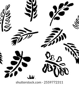 Simpel pattern with black ink leaves. Vector, isolated. Hand draw with brush texture.