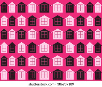 Simpel pattern of the houses. Houses pink black background. For cards, invitations, wedding or baby shower albums, backgrounds