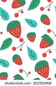 Simplcity seamless pattern with various berries. Vector cartoon natural texture. Hand drawn flat strawberry, lingonberry and cranberry with foliage on white background. Fruit background for wallpaper