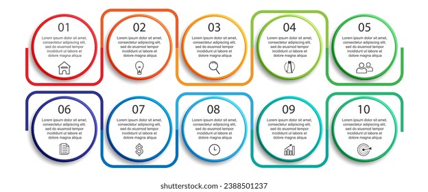Simple 10 step infographic. Color lines, symbols, numbers and text in one related unit, suitable for your business presentation