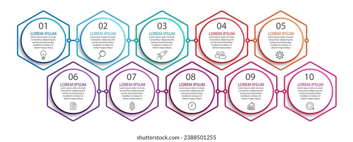 Simple 10 step infographic. Color lines, symbols, numbers and text in one related unit, suitable for your business presentation